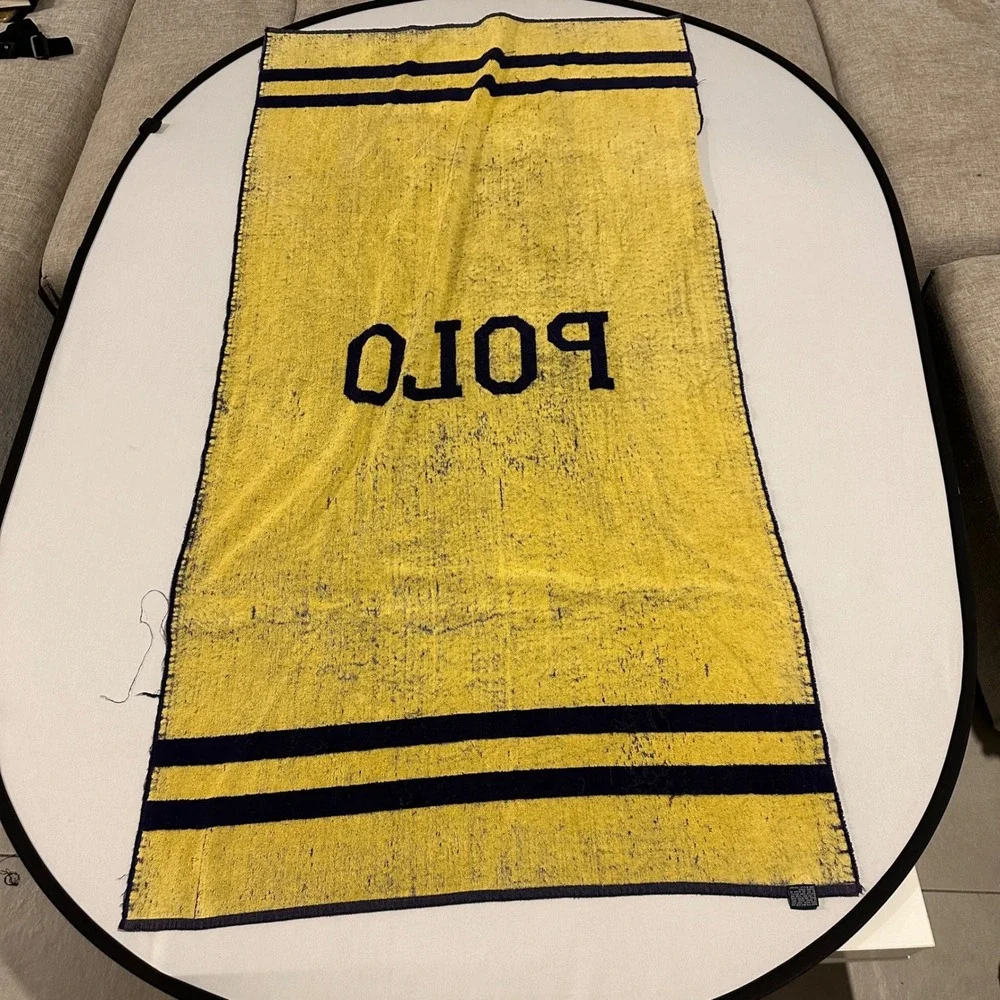 Vintage Polo Ralph Lauren Towel Beach Bath Navy Blue & Yellow Striped Spellout‎